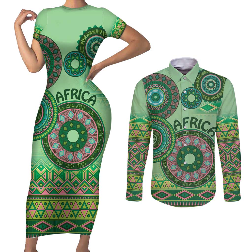 Africa Tribal Traditional Pattern Couples Matching Short Sleeve Bodycon Dress and Long Sleeve Button Shirt Green Motif LT9 - Wonder Print Shop