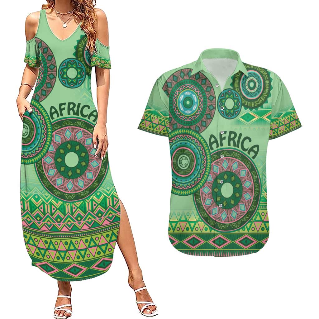 Africa Tribal Traditional Pattern Couples Matching Summer Maxi Dress and Hawaiian Shirt Green Motif LT9 - Wonder Print Shop