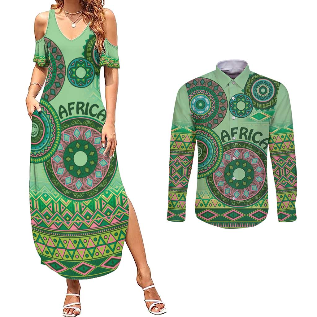 Africa Tribal Traditional Pattern Couples Matching Summer Maxi Dress and Long Sleeve Button Shirt Green Motif LT9 - Wonder Print Shop