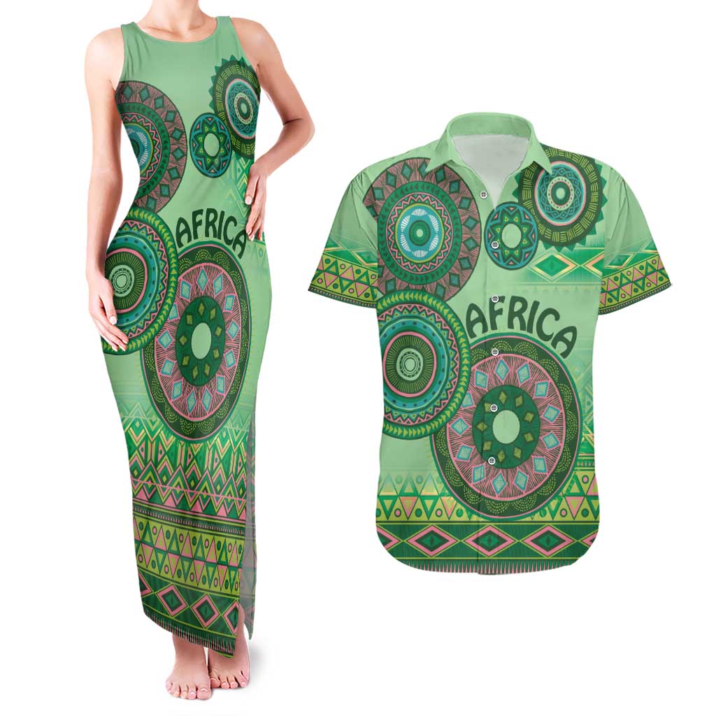 Africa Tribal Traditional Pattern Couples Matching Tank Maxi Dress and Hawaiian Shirt Green Motif LT9 - Wonder Print Shop