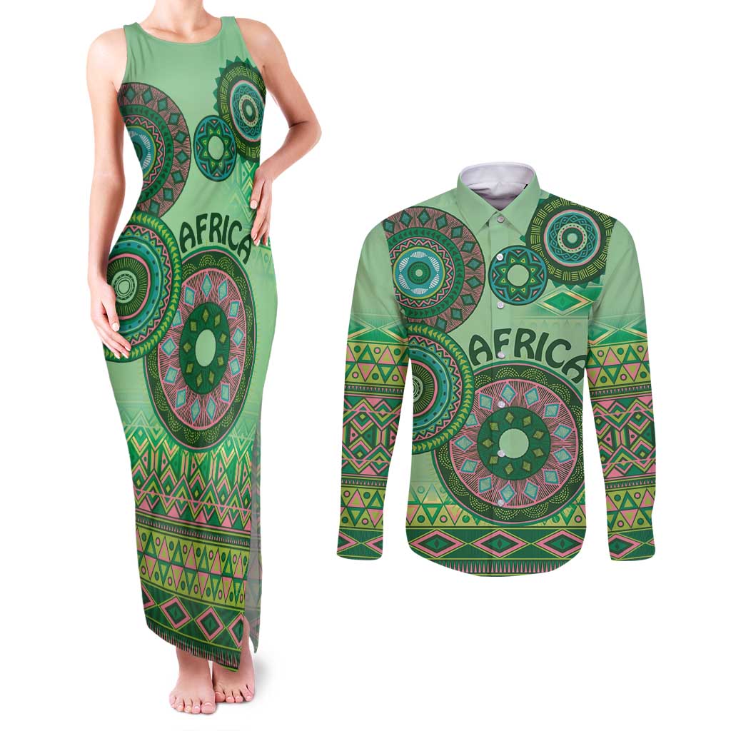 Africa Tribal Traditional Pattern Couples Matching Tank Maxi Dress and Long Sleeve Button Shirt Green Motif LT9 - Wonder Print Shop