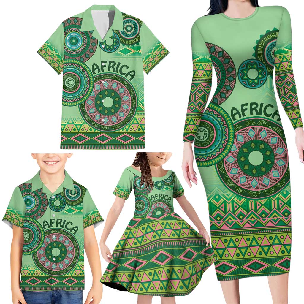 Africa Tribal Traditional Pattern Family Matching Long Sleeve Bodycon Dress and Hawaiian Shirt Green Motif LT9 - Wonder Print Shop