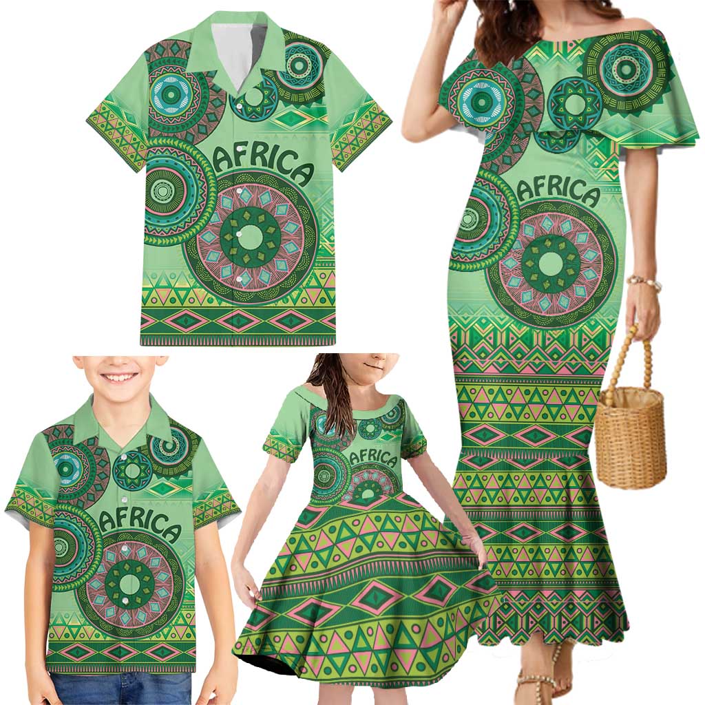 Africa Tribal Traditional Pattern Family Matching Mermaid Dress and Hawaiian Shirt Green Motif LT9 - Wonder Print Shop