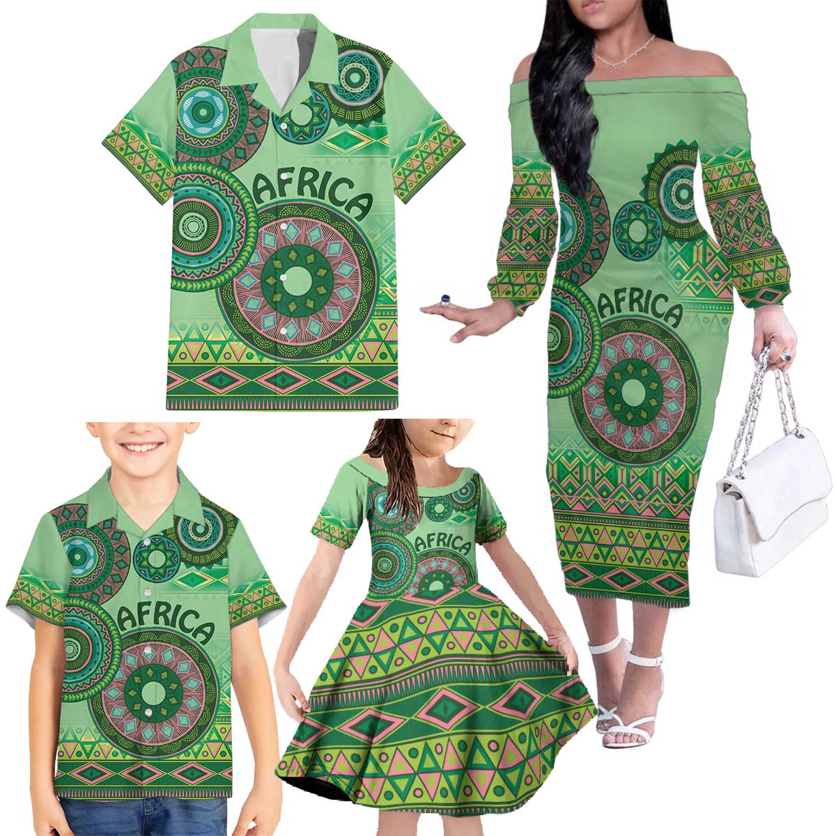 Africa Tribal Traditional Pattern Family Matching Off The Shoulder Long Sleeve Dress and Hawaiian Shirt Green Motif - Wonder Print Shop