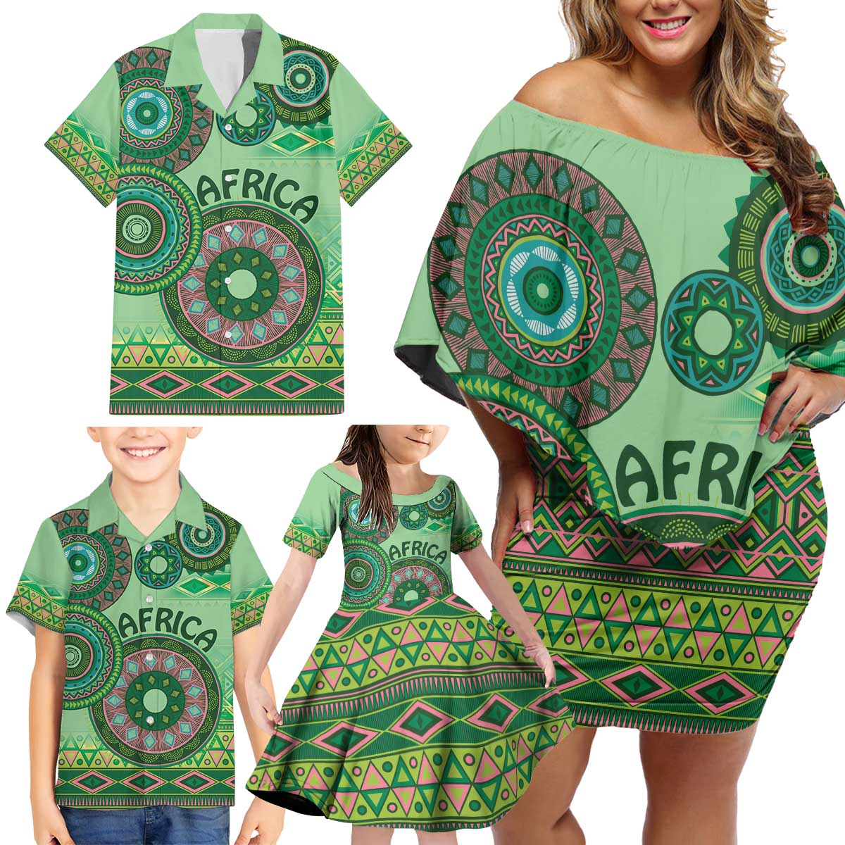 Africa Tribal Traditional Pattern Family Matching Off Shoulder Short Dress and Hawaiian Shirt Green Motif LT9 - Wonder Print Shop