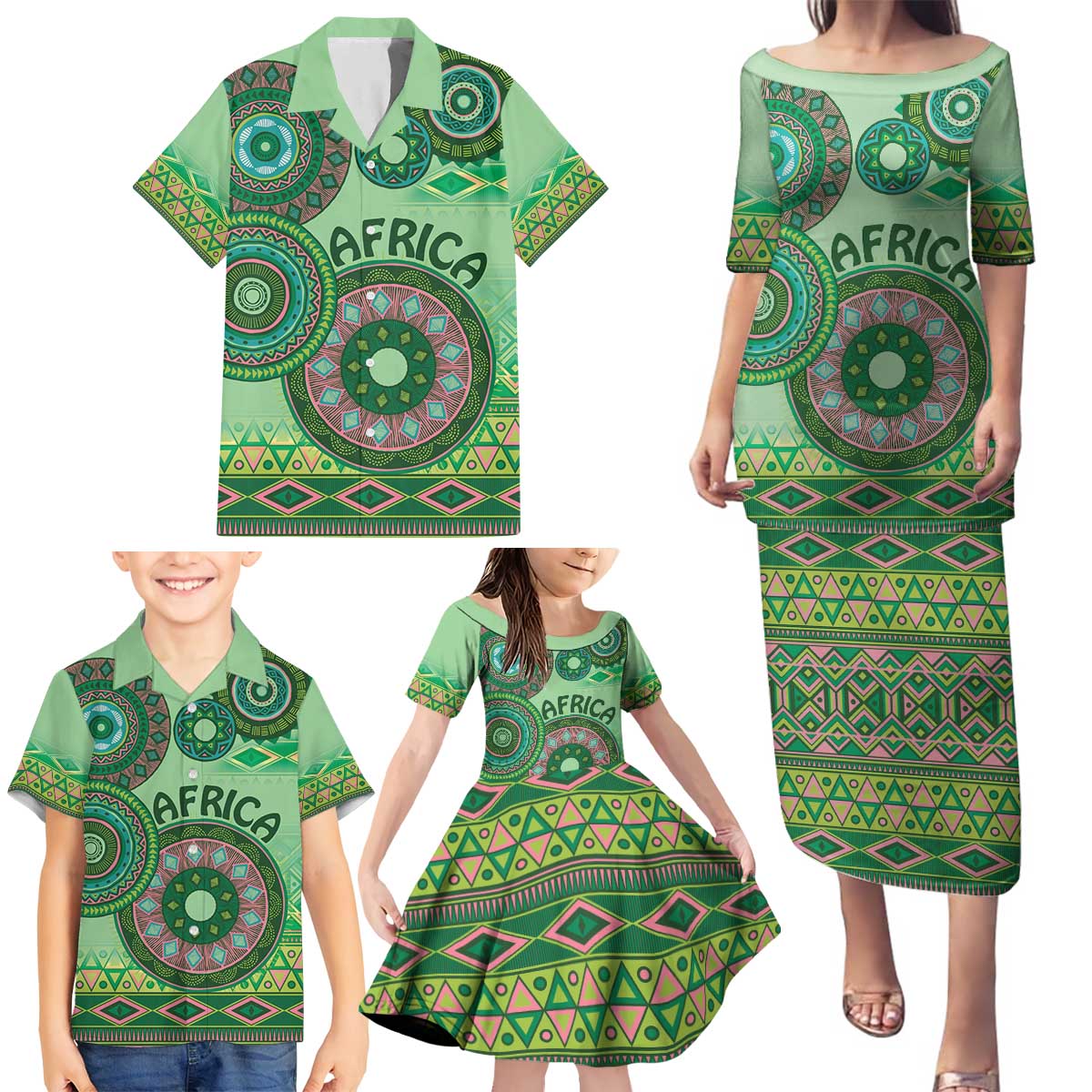 Africa Tribal Traditional Pattern Family Matching Puletasi and Hawaiian Shirt Green Motif - Wonder Print Shop