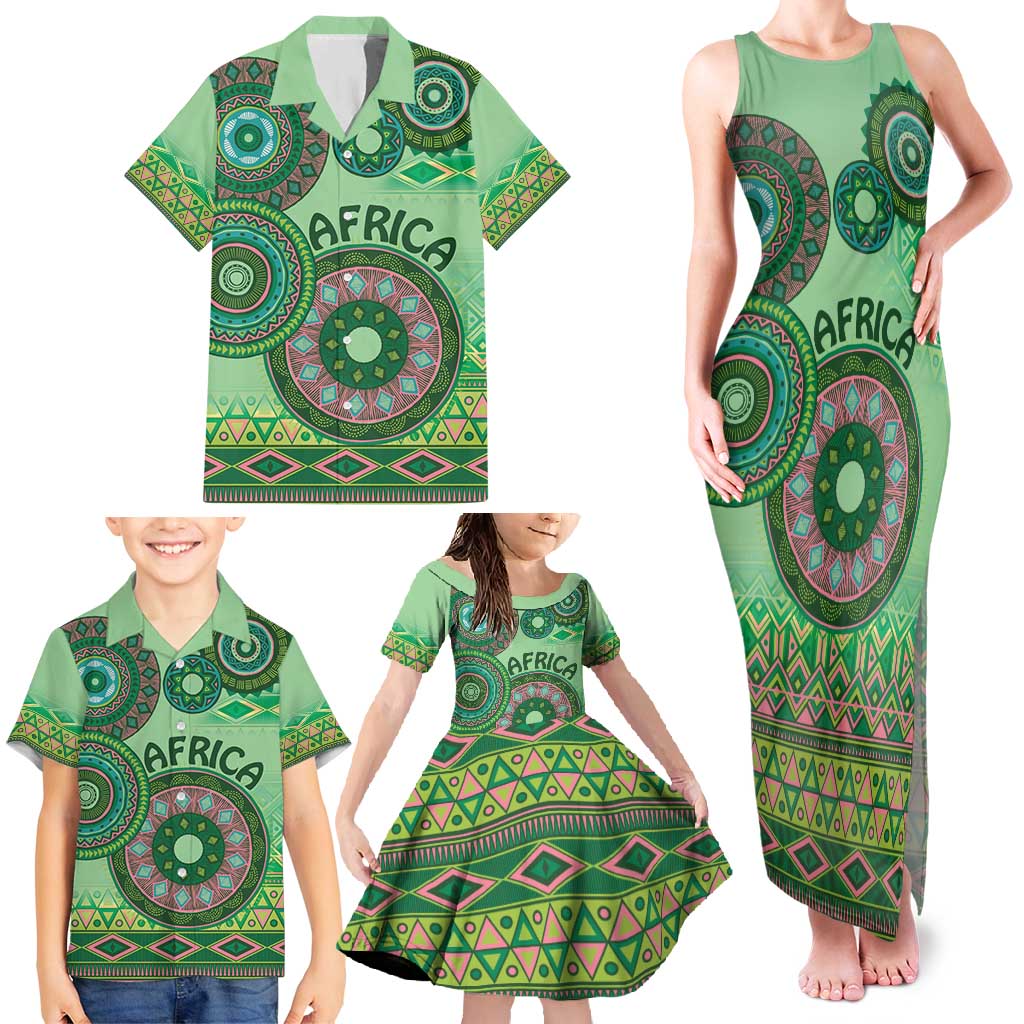 Africa Tribal Traditional Pattern Family Matching Tank Maxi Dress and Hawaiian Shirt Green Motif - Wonder Print Shop