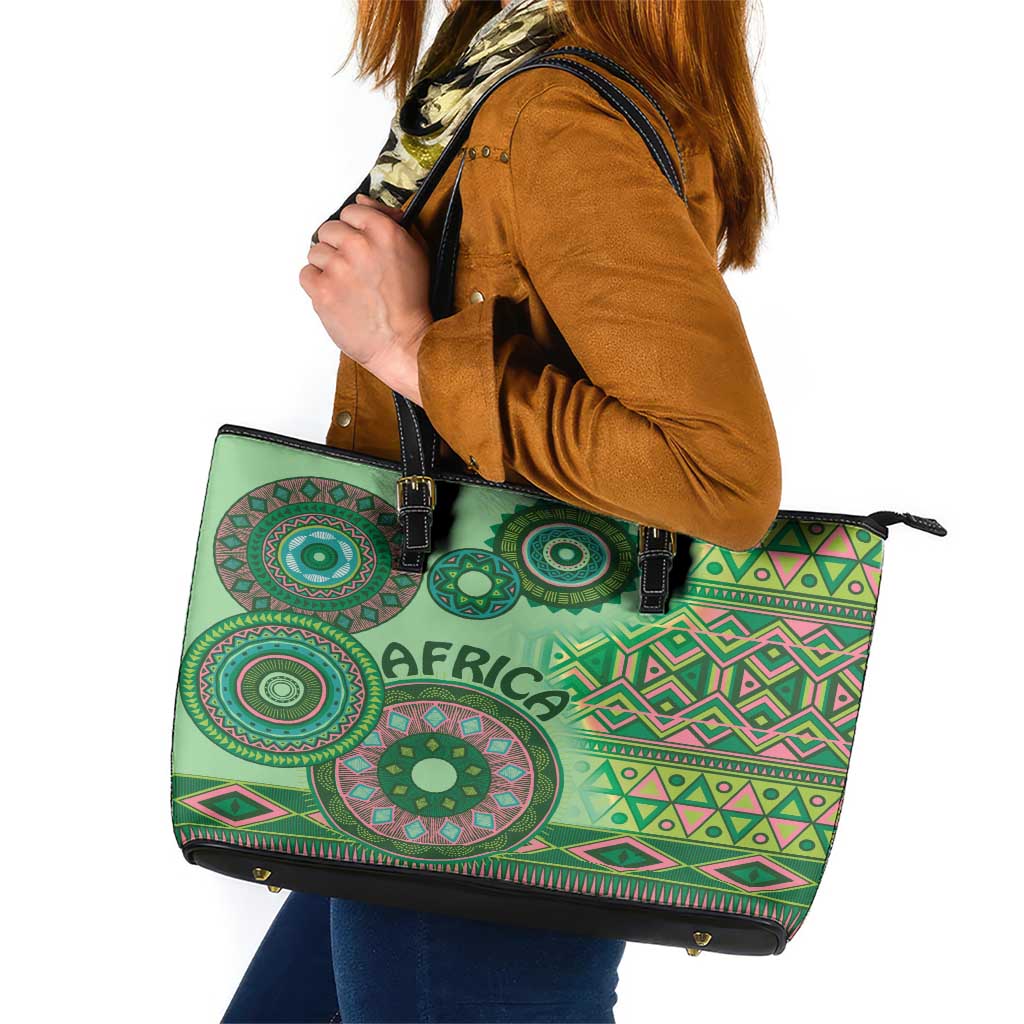 Africa Tribal Traditional Pattern Leather Tote Bag Green Motif - Wonder Print Shop