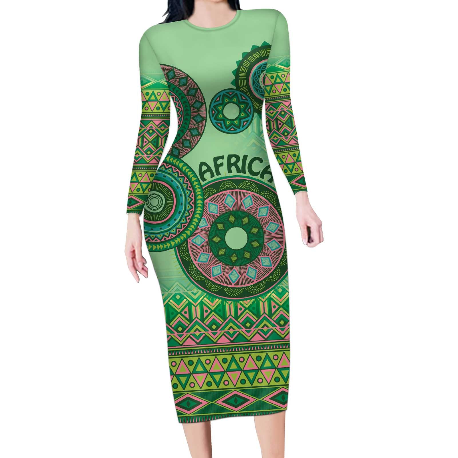 Africa Tribal Traditional Pattern Long Sleeve Bodycon Dress Green Motif - Wonder Print Shop