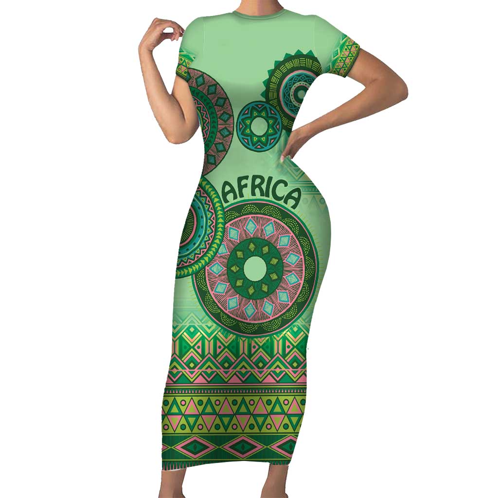 Africa Tribal Traditional Pattern Short Sleeve Bodycon Dress Green Motif - Wonder Print Shop