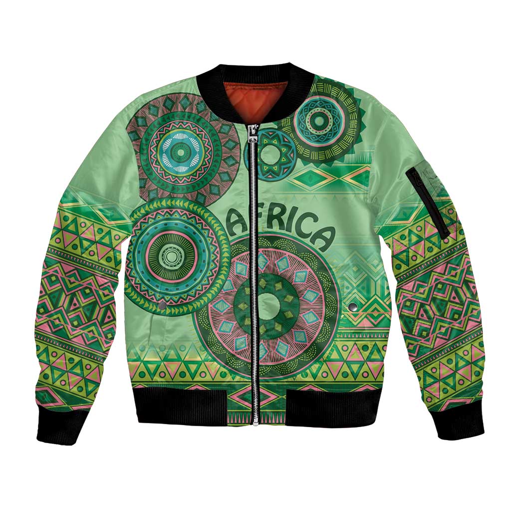 Africa Tribal Traditional Pattern Sleeve Zip Bomber Jacket Green Motif - Wonder Print Shop