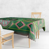 Green tribal geometric tablecloth with diamond and wave motifs, decorative fringe hem