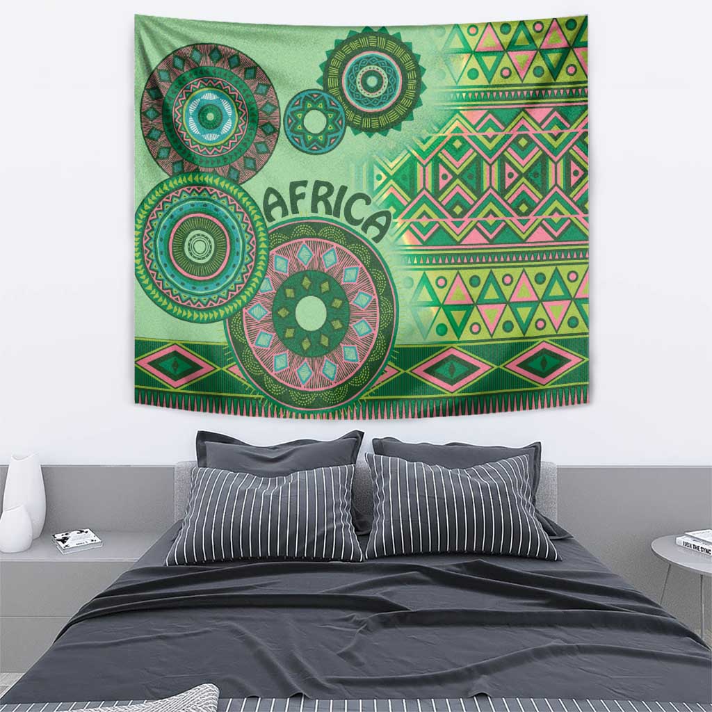 Green tribal tapestry with large mandala circles and 'AFRICA' text