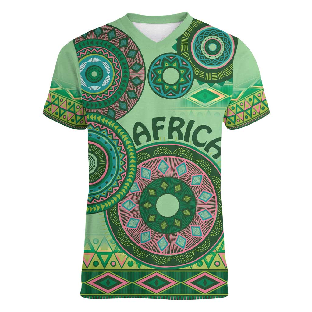 Africa Tribal Traditional Pattern Women V-Neck T-Shirt Green Motif - Wonder Print Shop