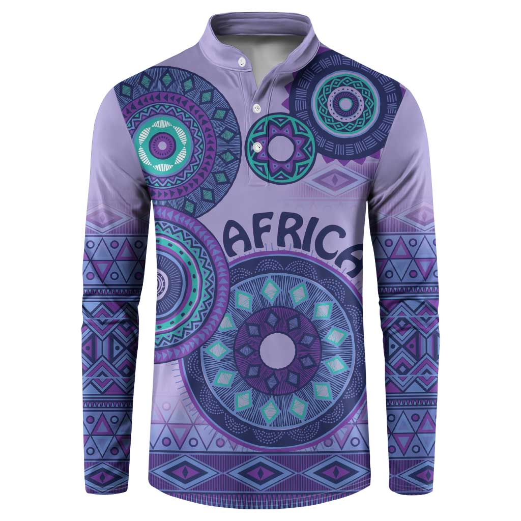 Purple henley sweatshirt with long sleeves and teal tribal circular motifs, button placket