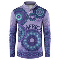 Purple henley sweatshirt with long sleeves and teal tribal circular motifs, button placket