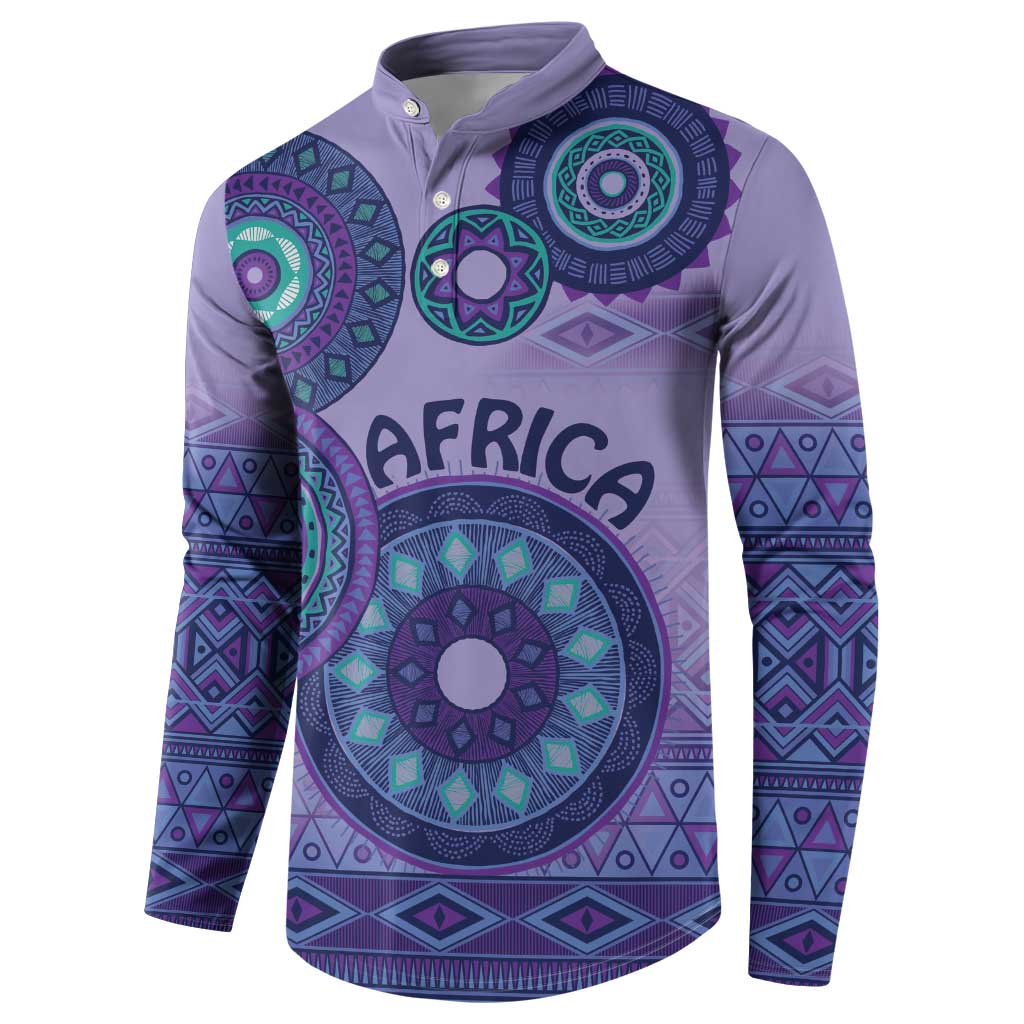 Purple henley sweatshirt front with teal tribal design and 'AFRICA' lettering, long sleeves