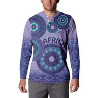 Purple henley sweatshirt on model, long sleeves with teal tribal pattern and 'AFRICA' text