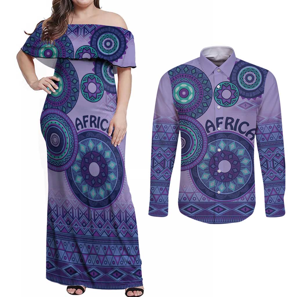 Africa Tribal Traditional Pattern Couples Matching Off Shoulder Maxi Dress and Long Sleeve Button Shirt Purple Motif LT9 - Wonder Print Shop