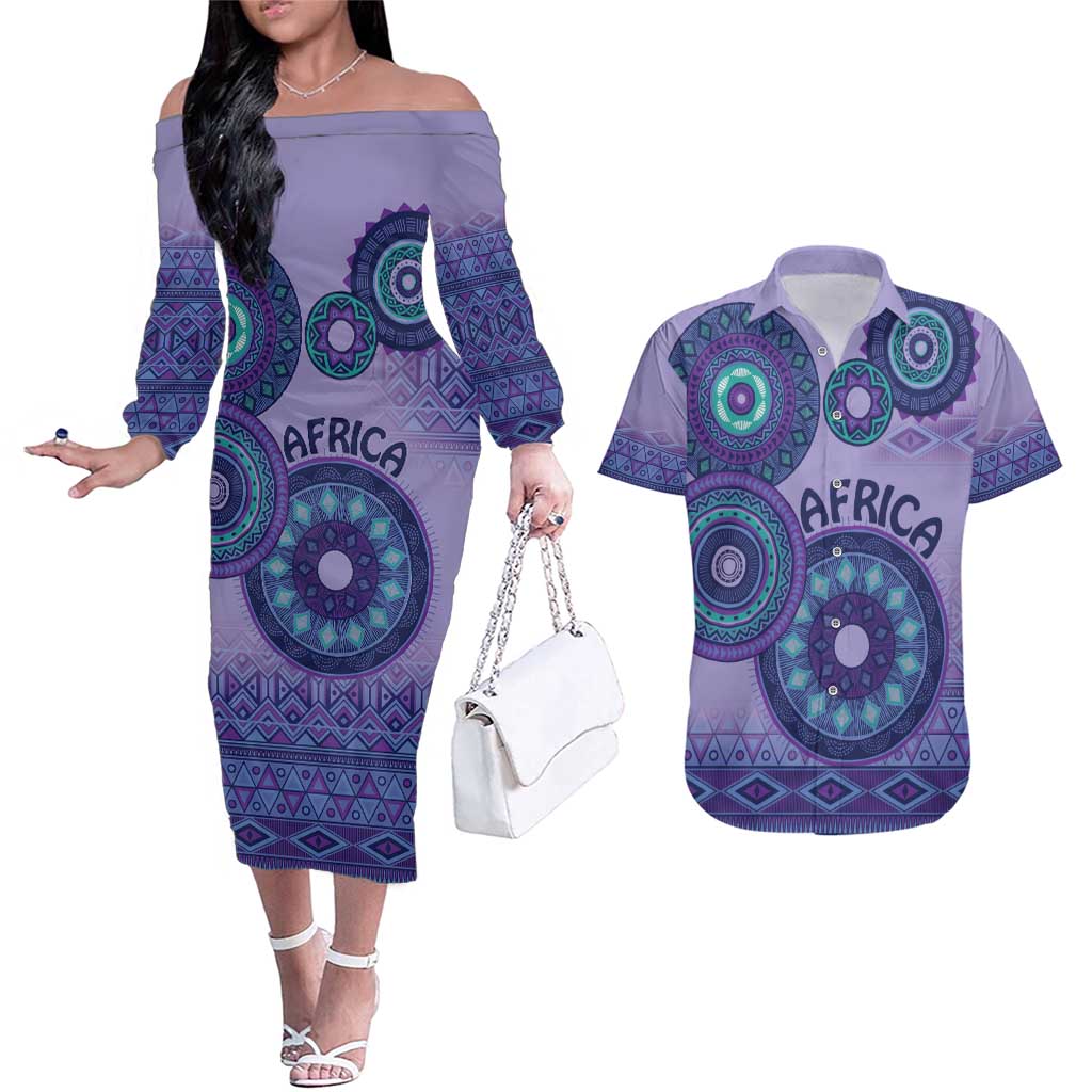 Africa Tribal Traditional Pattern Couples Matching Off The Shoulder Long Sleeve Dress and Hawaiian Shirt Purple Motif LT9 - Wonder Print Shop