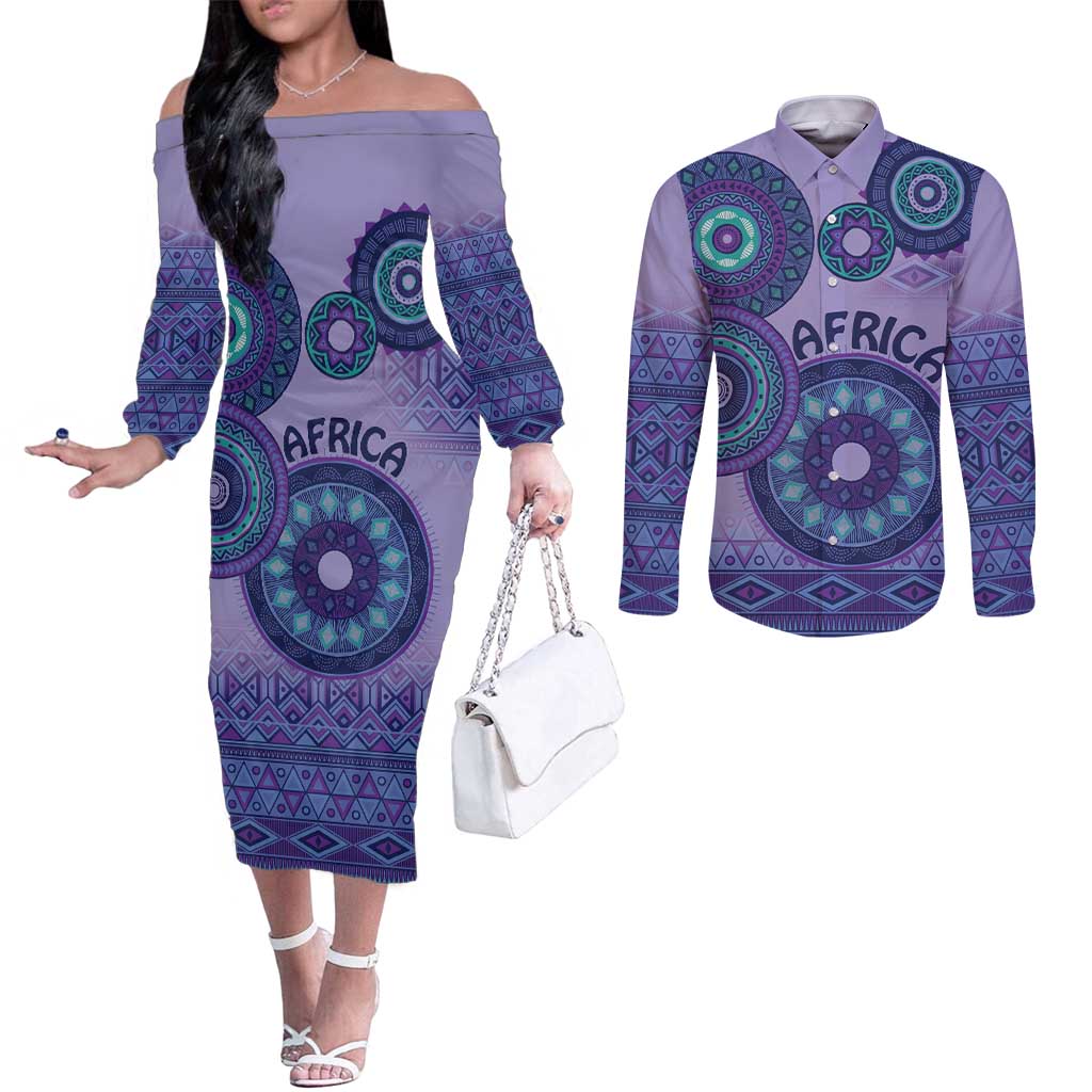 Africa Tribal Traditional Pattern Couples Matching Off The Shoulder Long Sleeve Dress and Long Sleeve Button Shirt Purple Motif