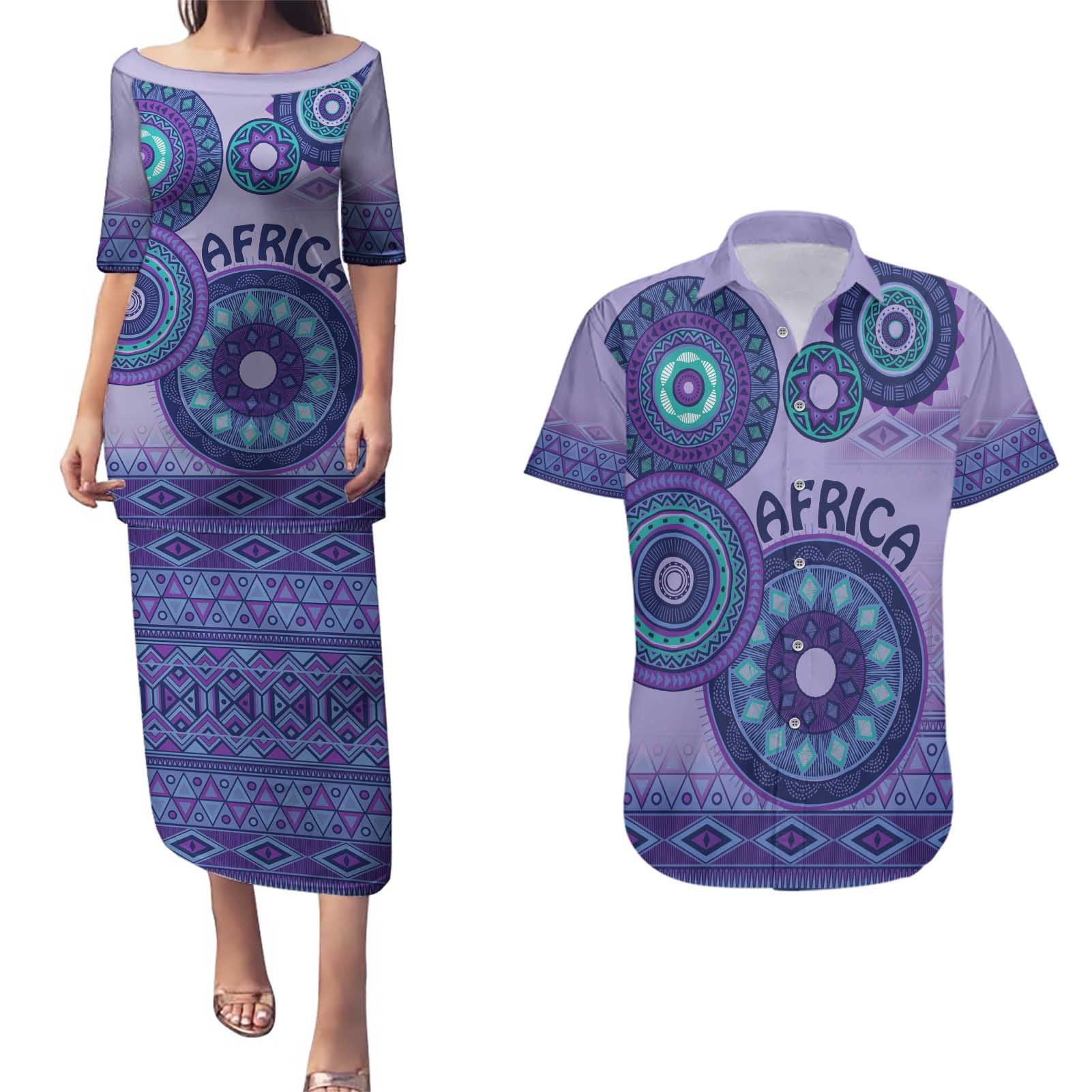 Africa Tribal Traditional Pattern Couples Matching Puletasi and Hawaiian Shirt Purple Motif LT9 - Wonder Print Shop