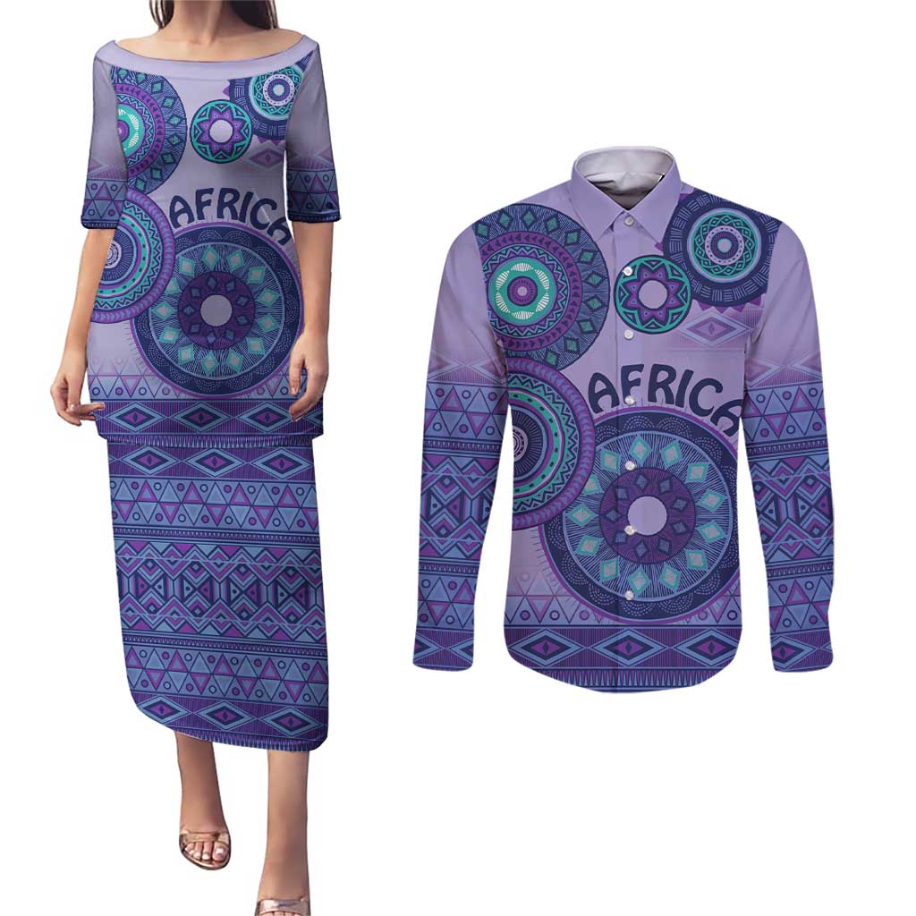 Africa Tribal Traditional Pattern Couples Matching Puletasi and Long Sleeve Button Shirt Purple Motif LT9 - Wonder Print Shop