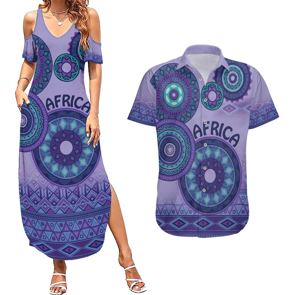 Africa Tribal Traditional Pattern Couples Matching Summer Maxi Dress and Hawaiian Shirt Purple Motif LT9 - Wonder Print Shop