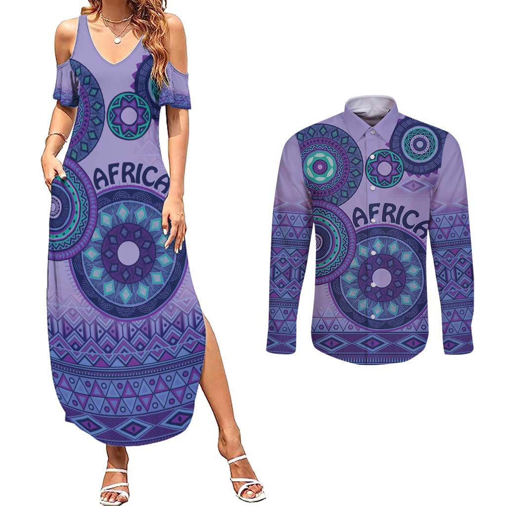 Africa Tribal Traditional Pattern Couples Matching Summer Maxi Dress and Long Sleeve Button Shirt Purple Motif LT9 - Wonder Print Shop