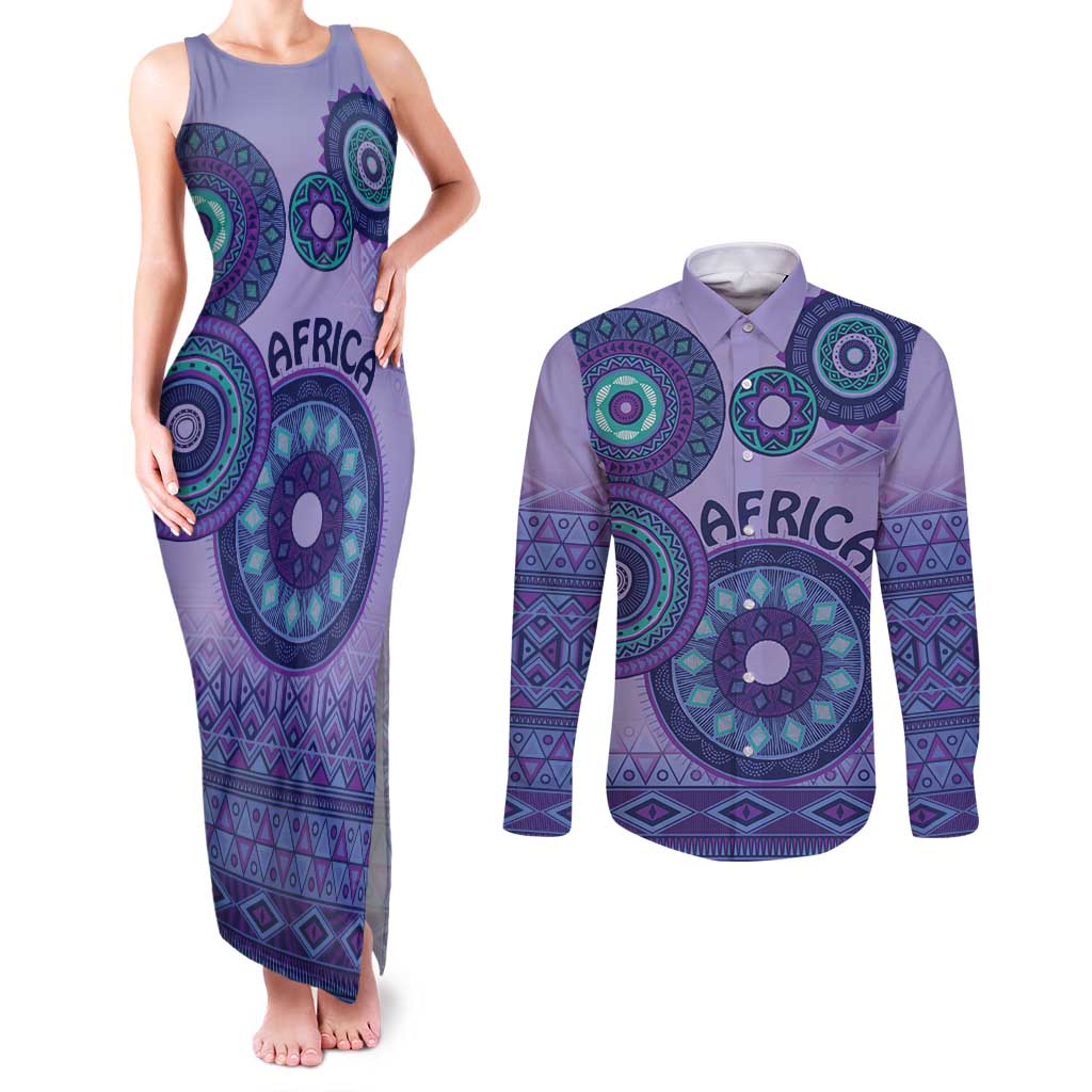 Africa Tribal Traditional Pattern Couples Matching Tank Maxi Dress and Long Sleeve Button Shirt Purple Motif LT9 - Wonder Print Shop