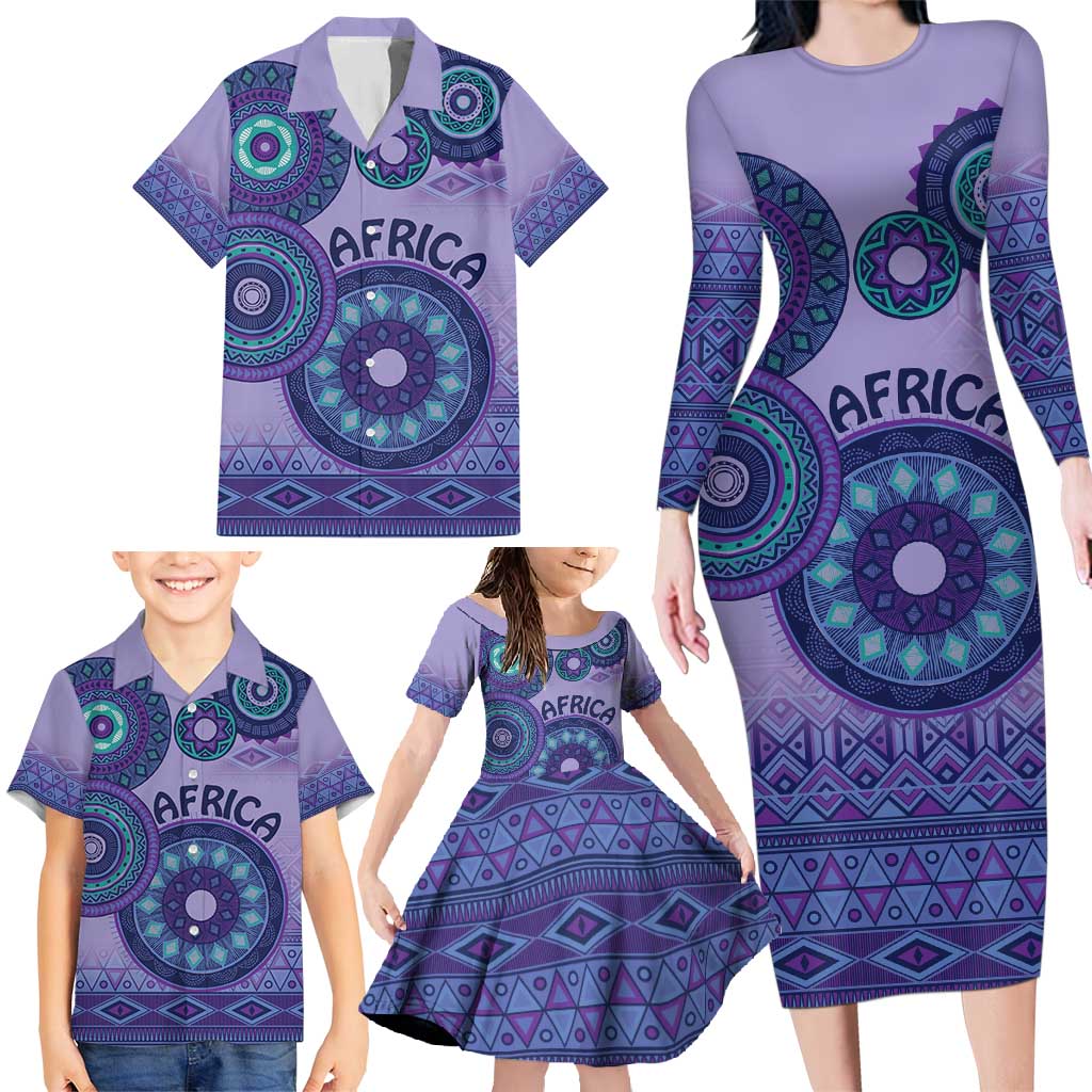 Africa Tribal Traditional Pattern Family Matching Long Sleeve Bodycon Dress and Hawaiian Shirt Purple Motif LT9 - Wonder Print Shop