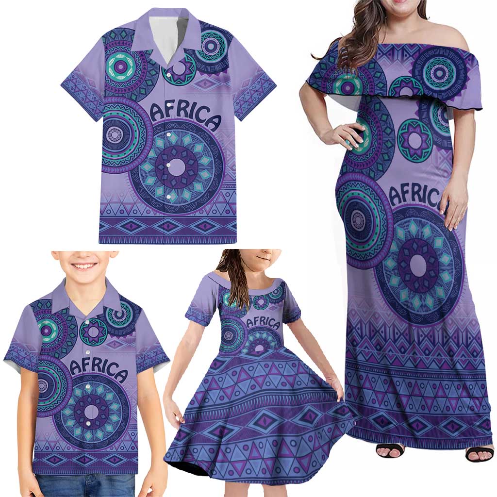 Africa Tribal Traditional Pattern Family Matching Off Shoulder Maxi Dress and Hawaiian Shirt Purple Motif LT9 - Wonder Print Shop