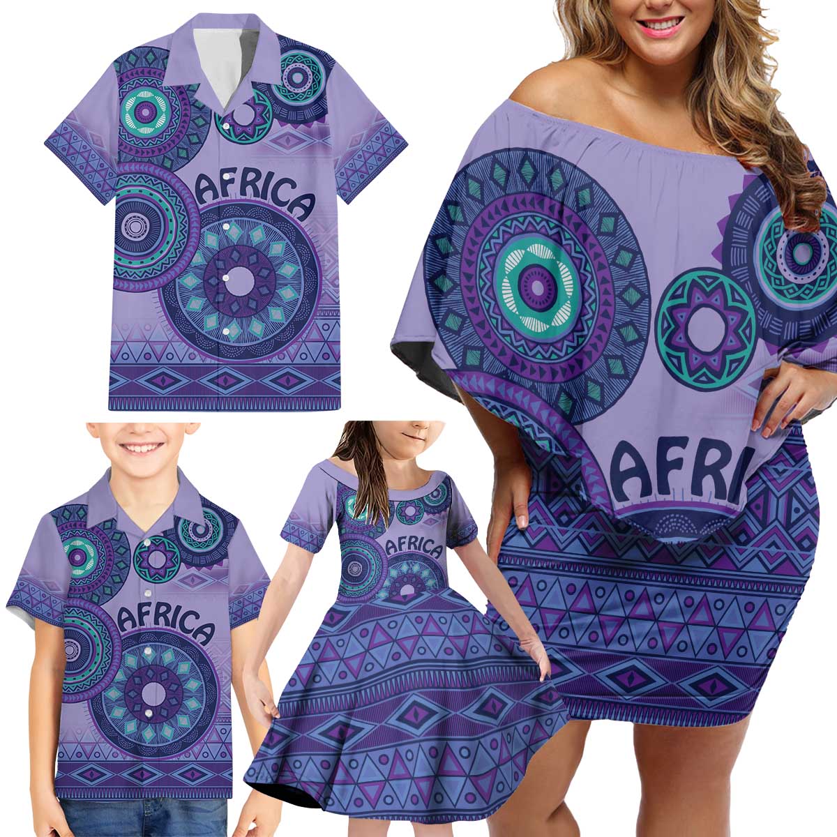 Africa Tribal Traditional Pattern Family Matching Off Shoulder Short Dress and Hawaiian Shirt Purple Motif LT9 - Wonder Print Shop