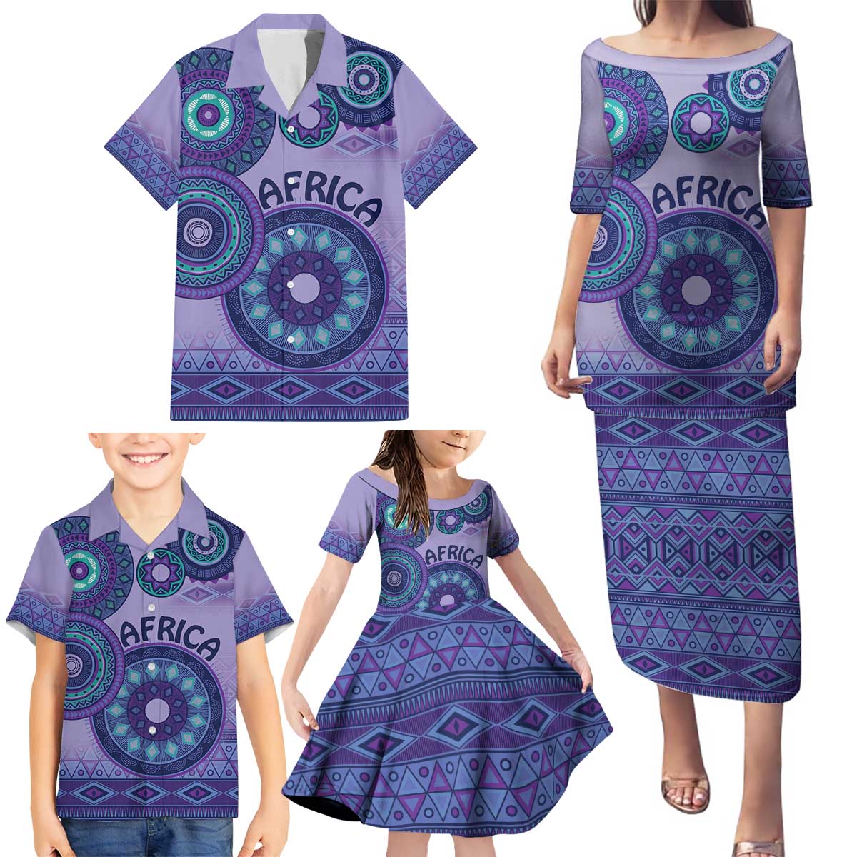 Africa Tribal Traditional Pattern Family Matching Puletasi and Hawaiian Shirt Purple Motif - Wonder Print Shop