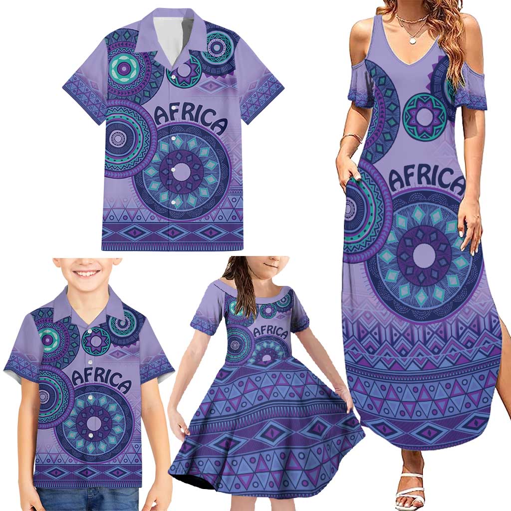 Africa Tribal Traditional Pattern Family Matching Summer Maxi Dress and Hawaiian Shirt Purple Motif - Wonder Print Shop