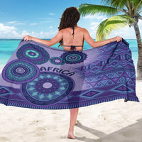 Purple sarong with back tribal print, large circular motifs and 'AFRICA' text