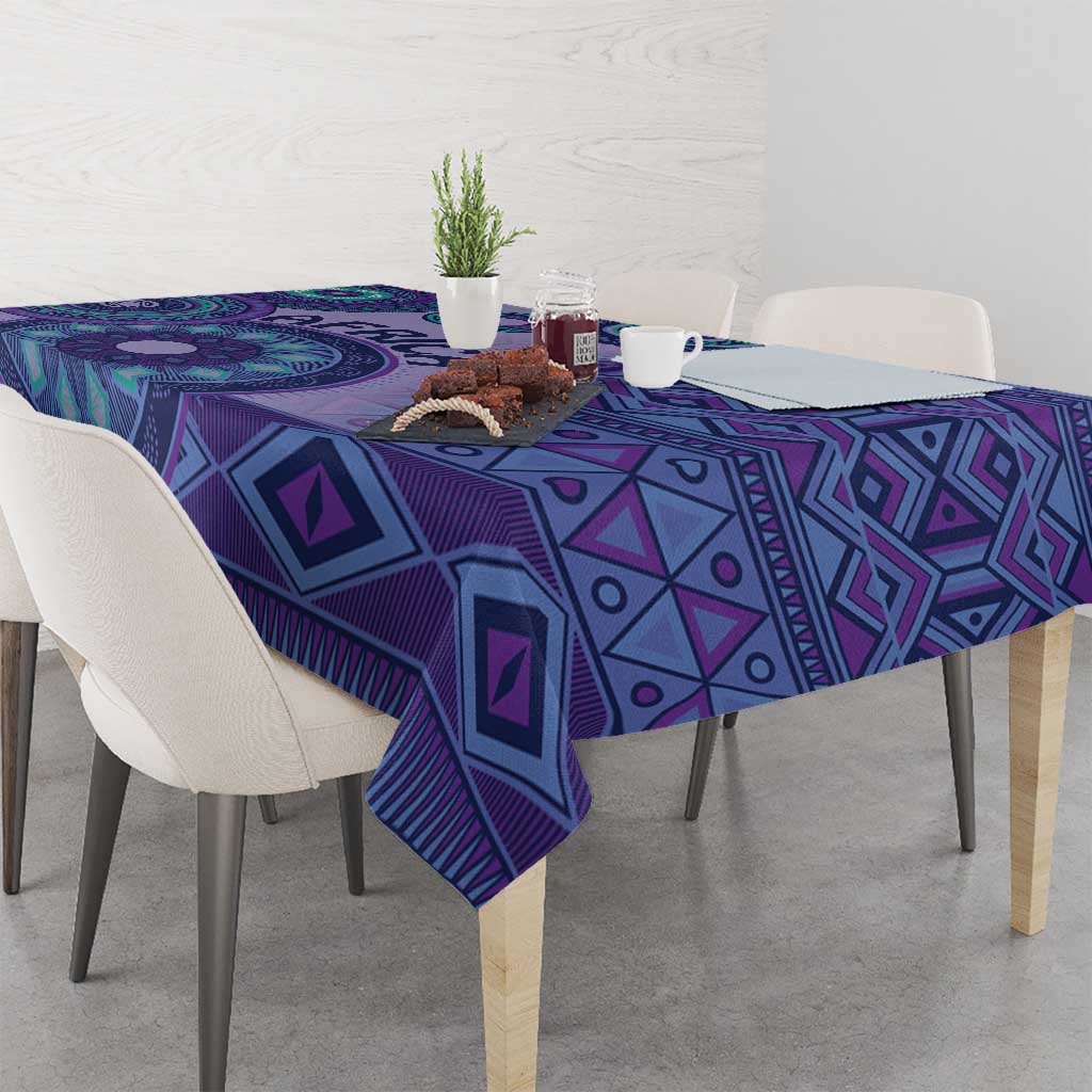 Purple tribal pattern tablecloth with bold diamond and triangle motifs