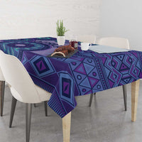 Purple tribal pattern tablecloth with bold diamond and triangle motifs
