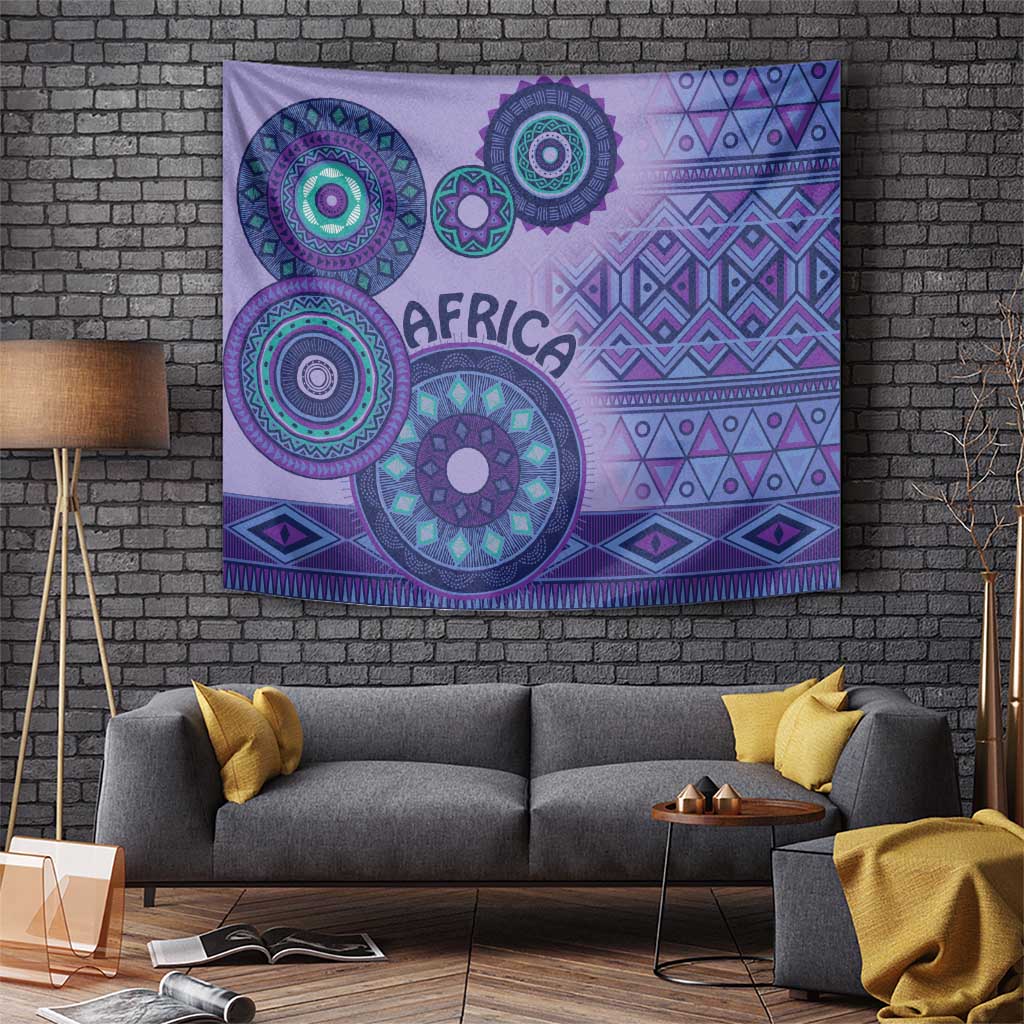 Purple African tribal tapestry with teal and magenta medallions and 'AFRICA' text