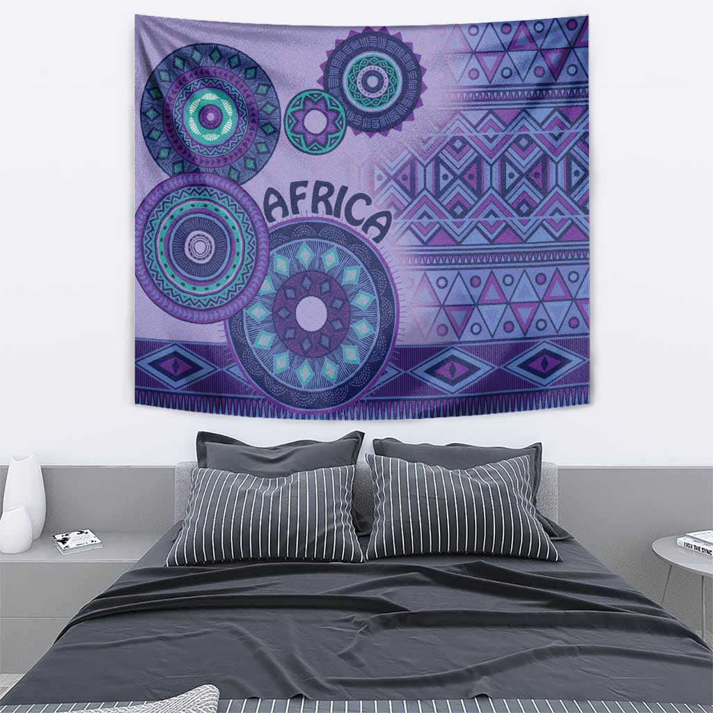 Purple African tribal tapestry with circular teal and pink motifs and 'AFRICA' text