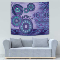Purple African tribal tapestry with large circular medallions and 'AFRICA' lettering