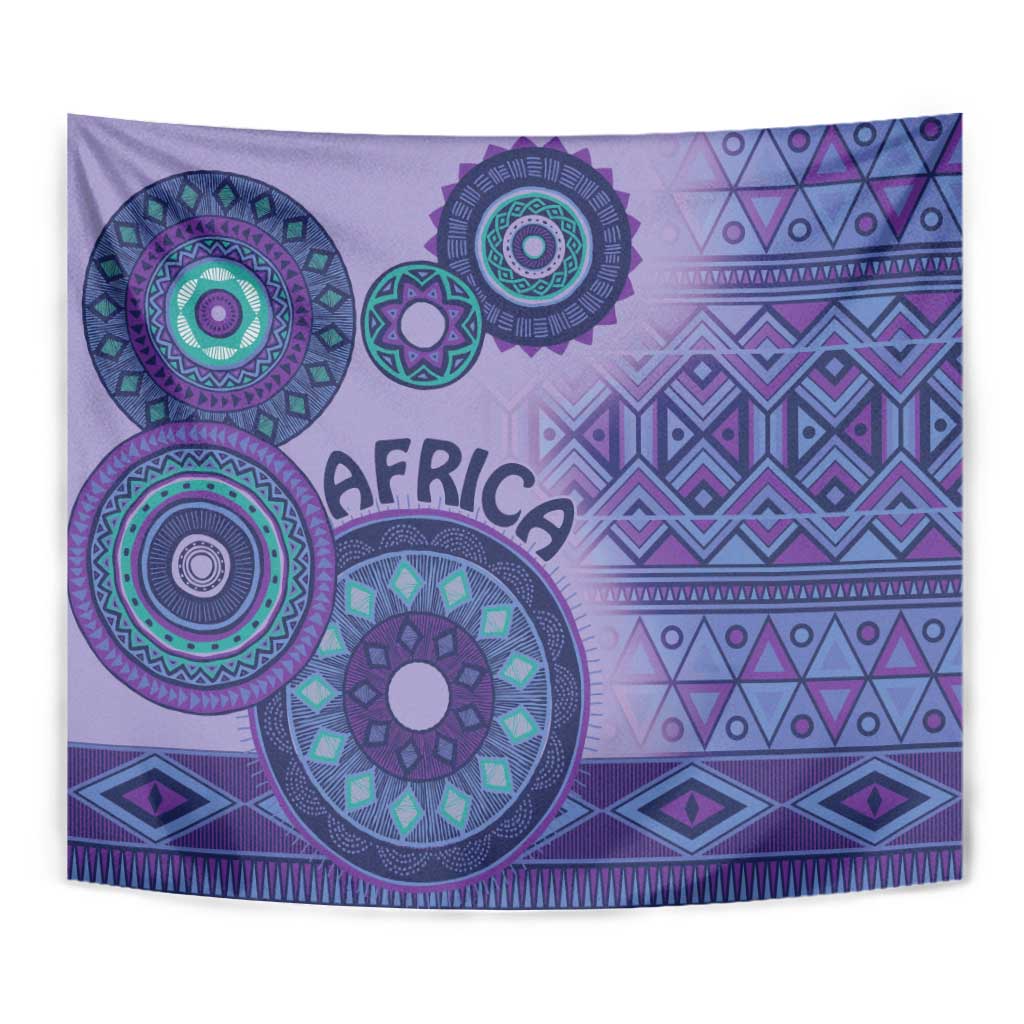 Purple African tribal tapestry close view with concentric rings and geometric border