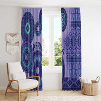 Purple tribal window curtains with teal circular medallions and repeating geometric stripes