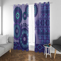 Purple tribal window curtain with teal medallion circles and geometric patterned lower trim