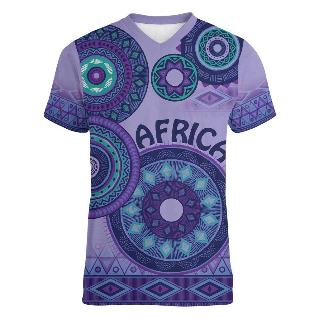 Africa Tribal Traditional Pattern Women V-Neck T-Shirt Purple Motif - Wonder Print Shop