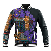 Floral and tribal patterned varsity baseball jacket, black with violet blooms and rib trim