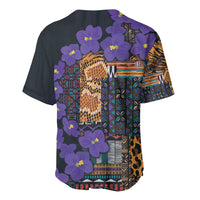 Baseball jersey with dark gray back, purple violet flowers, and native tribal patchwork