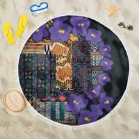 Round beach blanket with violet flowers, tribal mosaic pattern, black center, white fringe