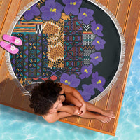 Round beach blanket with violet flowers, gold-orange square patch, and colorful geometric tribal prints