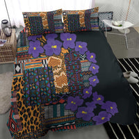 Dark duvet cover bedding set with tribal blocks, leopard print panel, purple blossoms, 2 pillows